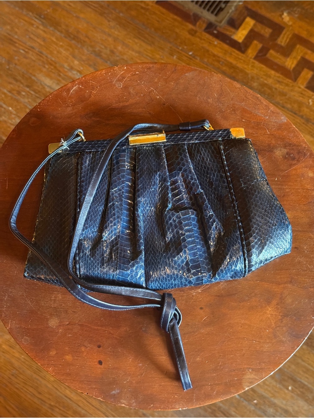 Classic Navy Python-Texture Shoulder Bag with Gold Trim